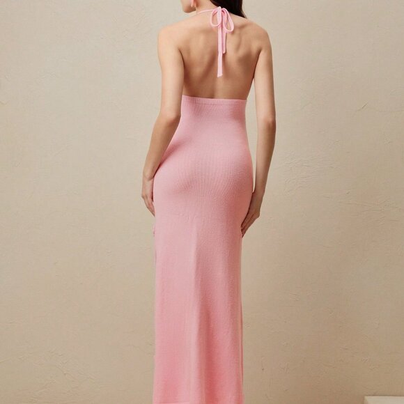 Pink Sexy Women's Beach 3D Flower Round Neck Hollow Halter Backless Cover Up - Picture 7 of 8